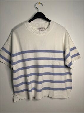 NWT Sincerely Jules White Short Sleeve Sweater with Light Blue Stripes